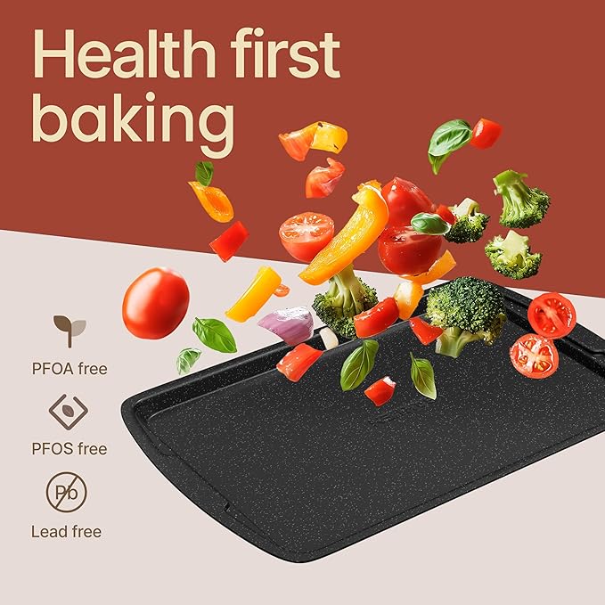 Bakken Swiss Cookie Sheet 3 Piece Set - Non-Stick, Stackable Baking Pans, Gray marble Deluxe Ceramic Coating – Dishwasher Safe - for Home Baking