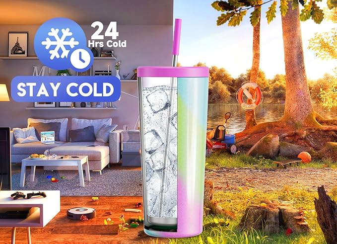 Meoky 24 oz Insulated Tumbler with Lid and Straw, Stainless Steel Vacuum Insulated Tumbler, Keeps Cold for 24 Hours, 100% Leak Proof, Fits in Car Cup Holder (Fairytale)