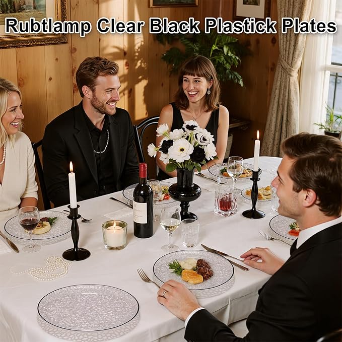 Rubtlamp 60Pcs Black Plastic Plates, Black Heavy Duty Graduation Plastic Plates, Clear Disposable Party Plates, Hammered Fancy Plates Include 30 Dinner Plates, 30 Salad Plates For Graduation Party