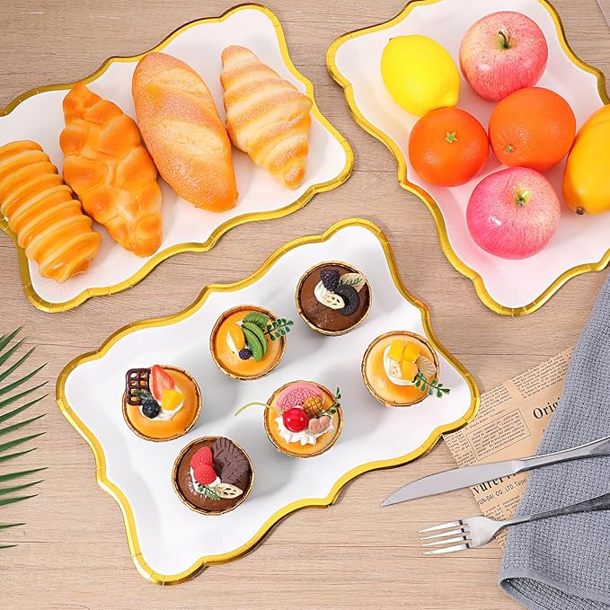 40 Pcs White and Gold Rim Cardboard Serving Trays, 9" x 13" Disposable Serving Trays and Platters Cupcake Platter Rectangle Gold Servings Tray for Fruit Dessert Cookies Birthday Party Wedding