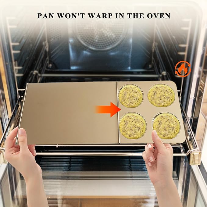 6 Cup Muffin Top Pan for Baking, Nonstick Hamburger Bun Pan, Straight Side English Muffin Cupcake Pans with Lid, Jumbo Muffins Pans for Baking Egg Sandwich Quiche Pancake, Gold (Round Shape)