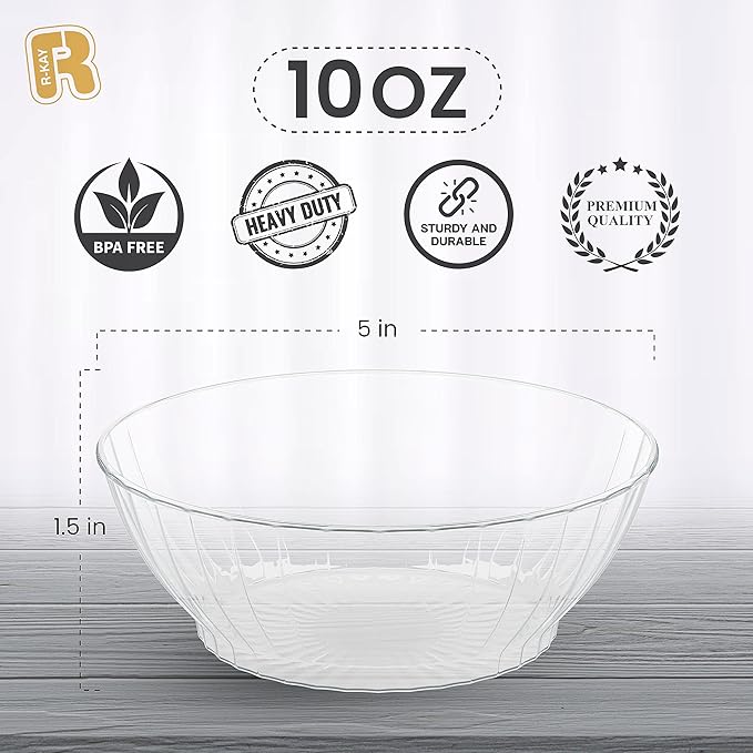 R-kay 10 Oz Clear Plastic Bowls - 50 Pack disposable bowls - Premium Hard Small Plastic Bowls - Heavy Duty Ice Cream Bowls Disposable Dessert Bowls For Party