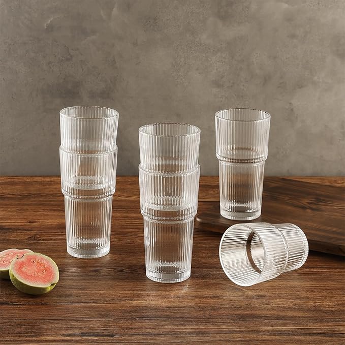 Ribbed Drinking Glasses with Lids & Straws, Leak-Proof 20oz and 15oz Glass Cups, 4PCS Glass Tumblers, Ideal for Home, Office, Outdoor Use