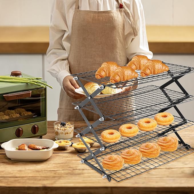 4-Tier Collapsible Cooling Rack with Adjustable 3 Setting, Wire Cooling Roasting Cooking Baking Drying Rack for Cookies Bread (Black-4 Tier)