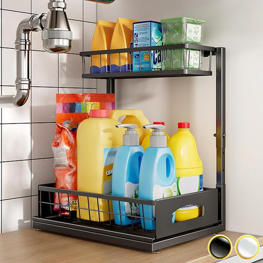Under Sink Organizer, Cabinet Organizer for Kitchen, Height Adjustable Pull Out Heavy Duty 2 Tier Metal Under Sink Storage for Bathroom Pantry (Black, 1 Pack)