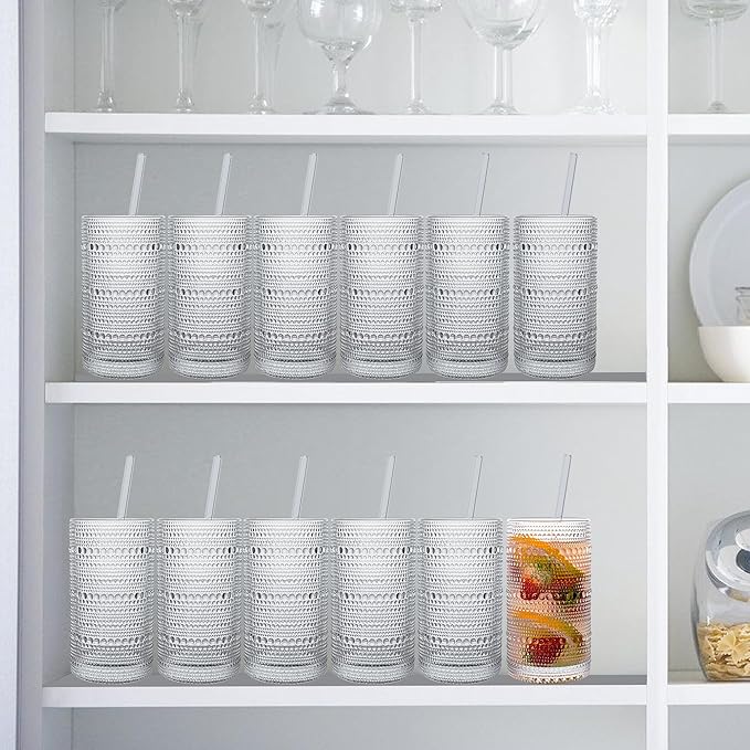 Upgraded Large Capacity 16 oz/480 ml Hobnail Glasses Drinking Set of 12 - Heavy Vintage Glassware