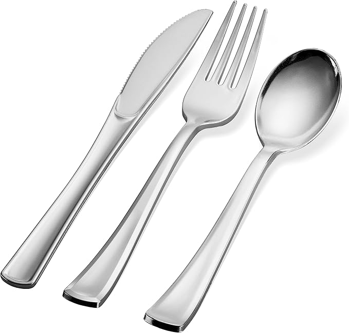 150 Silver Plastic Silverware Set - Disposable Flatware Cutlery - 50 Forks, 50 Spoons, 50 Knives - Heavy Duty Party Bulk
