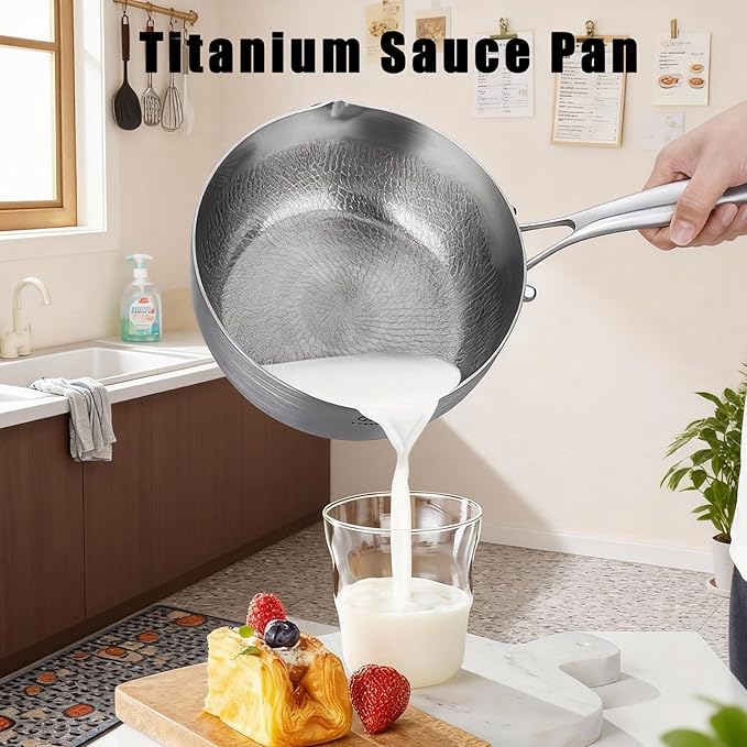 Titanium Saucepan with Lid, Non-Stick Titanium Pot, 500°F Heat Resistant, Fast & Even Heating, Universal Induction Gas Electric Glass Halogen Cooktops, Dual-Pour Spouts Design（2 QT)