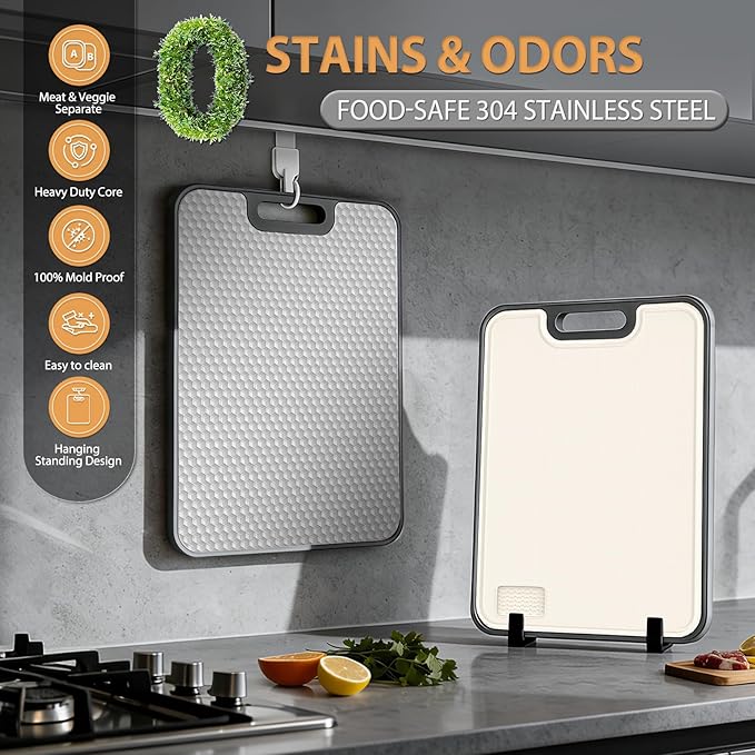 18/8 Stainless Steel Cutting Board, Large Double Sided Chopping Board for Kitchen (17x12"), Food-Grade 304 & Wheat Straw PP, Deep Juice Grooves, non Toxic, Non-Slip & Dishwasher Safe