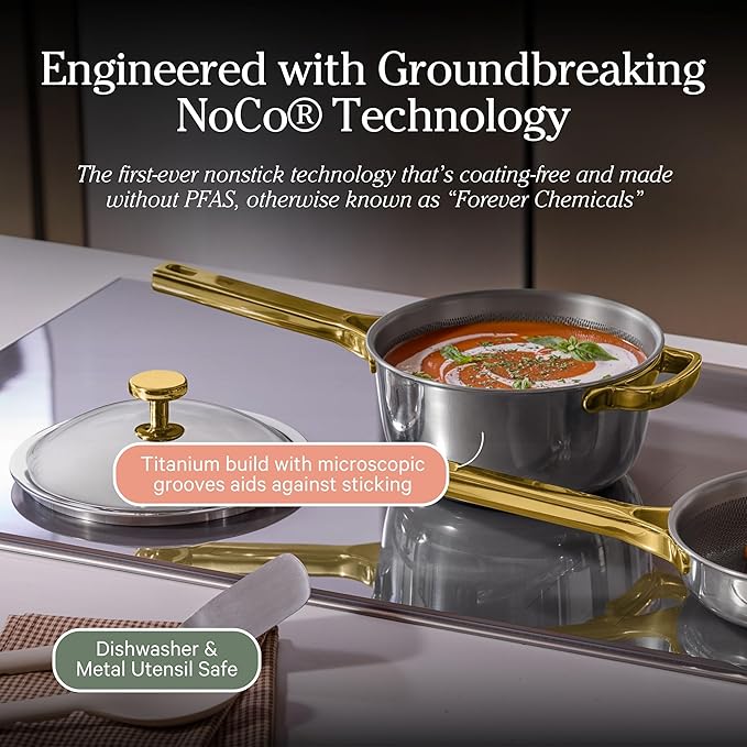 Our Place Mini Titanium Perfect Pot Pro | 2.75 Qt Cooking Pot with Lid & Silicone Spoon | PFAS-Free Nonstick, Fully-Clad Tri-Ply Stainless Steel & Aluminum | Induction & Oven-Safe up to 750°F | Gold