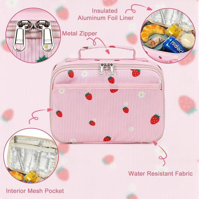 LEDAOU Lunch Box Kids Insulated Lunch Bag Girls Boys Toddler Reusable Lunchbox for School Picnic Hiking (Strawberry-Pink)