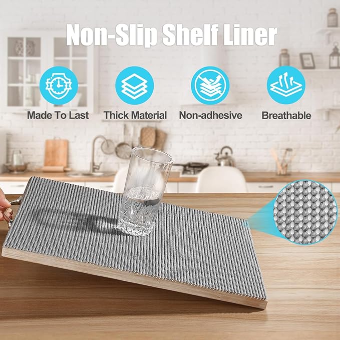 Songrey Non-Adhesive Drawer and Shelf Liner, Non Slip Cabinet Liners, Protect Kitchen Cupboard, Bathroom Drawers, Breathable, Thick Strong Grip mat (17.5IN x 30FT, Dark Gray)