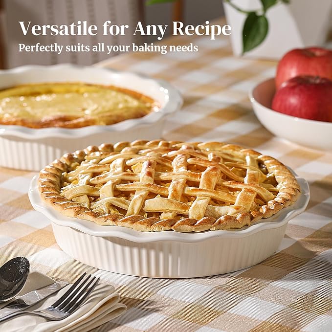 DOWAN Pie Pan for Baking, 9 Inch Round Baking Dish for Dinner, 45 Ounce Pie Plate Ceramic Quiche Pan Non-Stick with Deep Fluted Pie Dish for Apple Pies, Pot Pies, Quiches, Tart, Oven Safe Dish, White