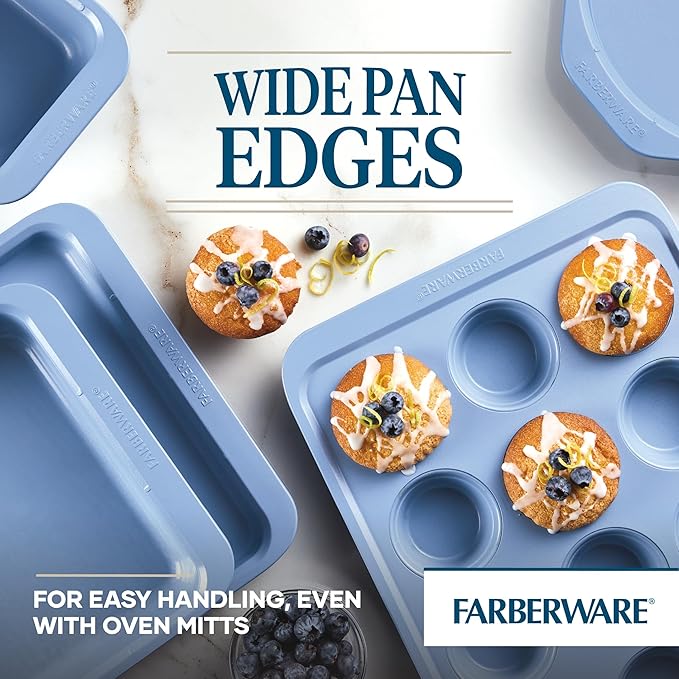 Farberware Easy Solutions Nonstick Bakeware Cookie Pan/Baking Sheet with Drop Zones and Portion Marks, 10 Inch x 15 Inch - Blue