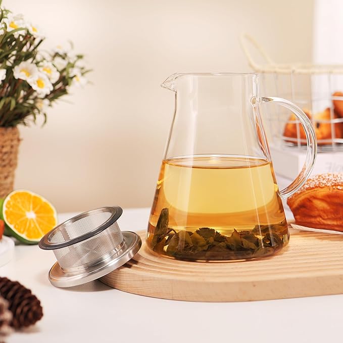 CNGLASS 40oz/1200ml Glass Teapot Stovetop Safe,One-Touch Clear Tea Kettle,Blooming and Loose Leaf Tea Maker