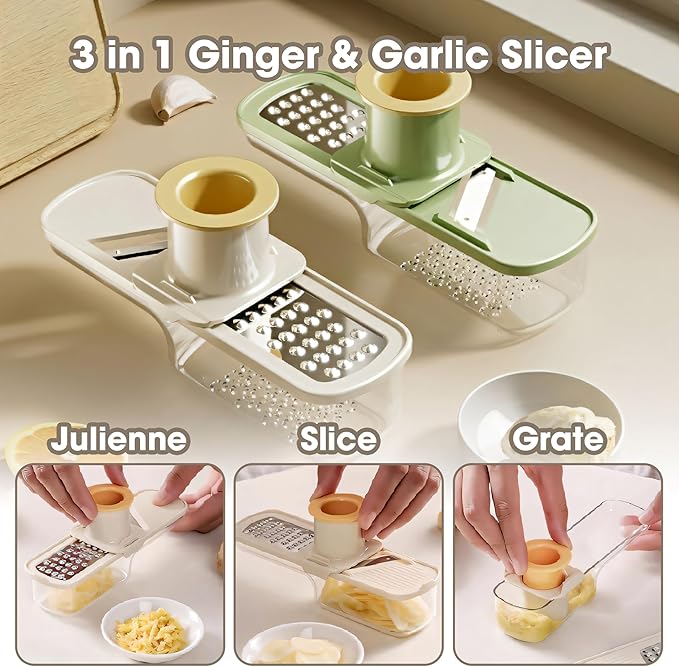 2-Pack 3 in 1 mini Ginger Garlic Grinder Super Thin, Multifunctional Mandoline slicer Grater with Hand Guard, Easy Grip Handheld Kitchen Tool, for Camping Cooking and Picnic (2pcs-green)