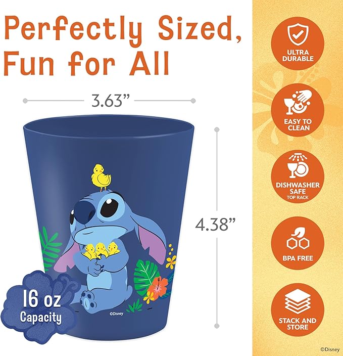 Disney Reusable Plastic Cups – 4 Pack 16 oz Plastic Drinking Glasses with Mickey, Stitch, Pooh, or Disney100 Designs – BPA-Free, Stackable, Top Rack Dishwasher Safe Tumblers for Water, Juice & More