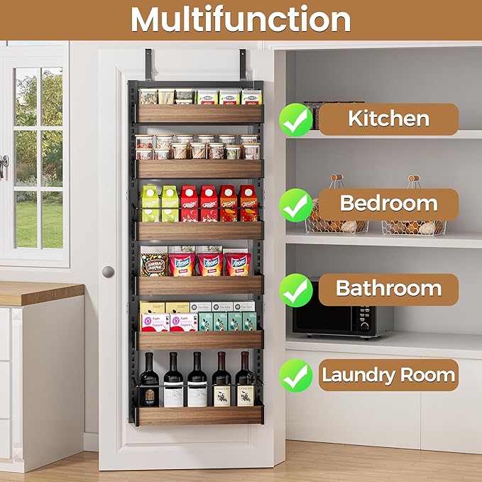 6 Tier Over The Door Pantry Organizer, 2-in-1 Door Hanging or Wall Mounted Spice Rack, Large Heavy Duty Pantry Door Storage Seasoning Shelves with Adjustable Basket for Kitchen Bathroom Closet