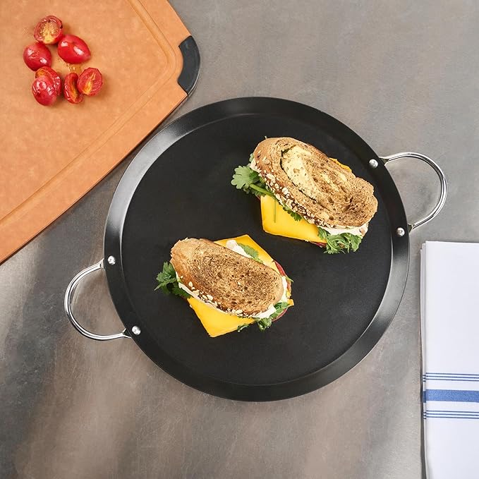 Restaurantware-Met Lux 11.06 Inch Round Griddles With Double Handles, 10 No-Stick Flat Top Grills - Compatible With Open Fire And Gas, Durable, Black Carbon Steel Griddle Pans, Even-Heating