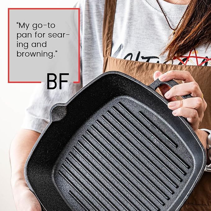 Cast Iron Grill Pan for Stove Top, 10 Inch Pre-Seasoned Cast Iron Skillet & Griddle Pan, Indoor Grill Pan for Steak, Bacon & Frying, Compatible with Gas, Electric, Induction Cooktops
