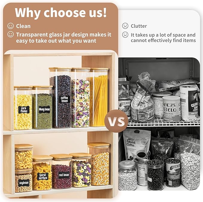 24 Oz/ 37 Oz/ 51 Oz Glass Storage Jars with Bamboo Lids - 6 Pack Clear Glass Canisters Square Airtight Stackable Ideal for Pantry Storage Containers Great for Cereal Coffee Beans Snacks etc