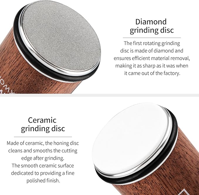 Premium Rolling Knife Sharpener – Diamond & Ceramic Disc Knife Sharpener for Kitchen & Pocket Knives – Manual Sharpening Tool with Magnetic Angle Base 15° & 20° – Professional Razor Edge Tool (Brown)