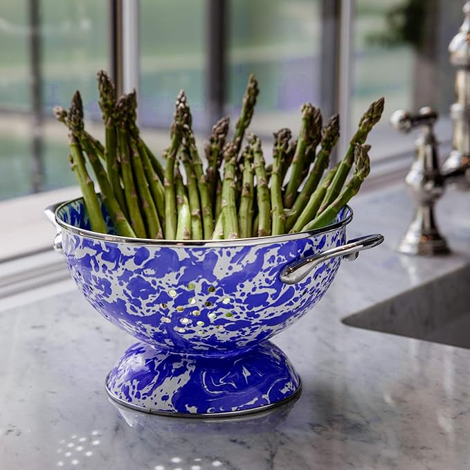 Golden Rabbit Enamelware Medium Colander, 3 quart, Cobalt Swirl