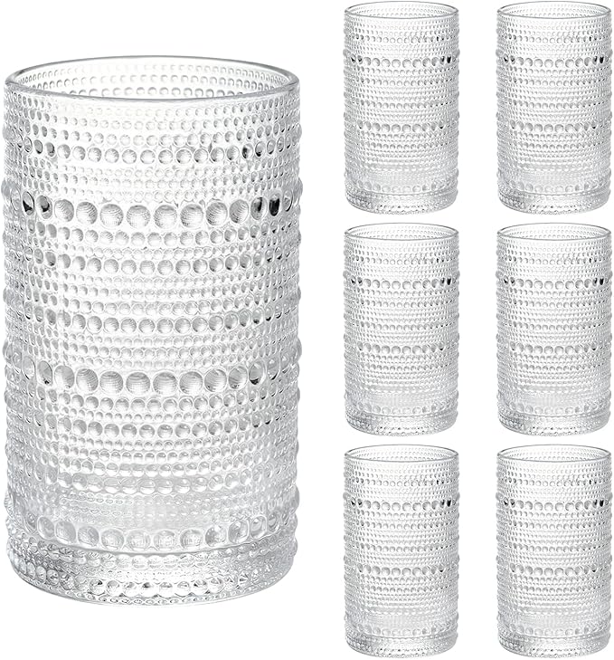 Moretoes Vintage Hobnail Drinking Glasses Set of 6, 15oz Highball Glass Cups, Kitchen Drinkware Glassware,Embossed Water Tumbler,for Beer,Cocktail,Whiskey,Juice and Various Mixed Drinks(Clear)