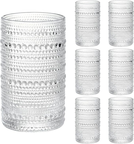 Moretoes Vintage Hobnail Drinking Glasses Set of 6, 15oz Highball Glass Cups, Kitchen Drinkware Glassware,Embossed Water Tumbler,for Beer,Cocktail,Whiskey,Juice and Various Mixed Drinks(Clear)