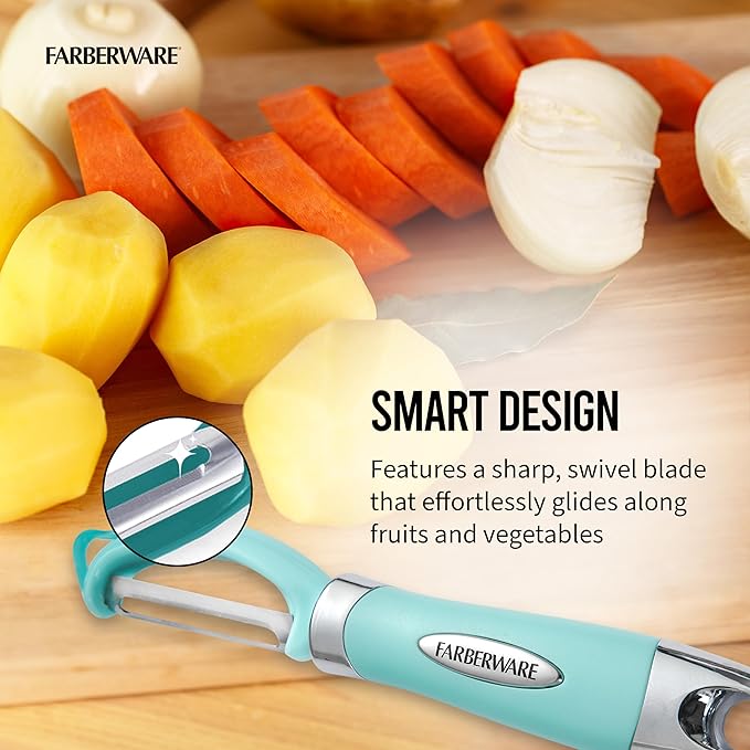 Farberware Euro Peeler, a Kitchen Essential for Quick and Easy Peeling of Produce, Chocolate, Cheeses and More, Features Hang-Hole for Easy Storage, Dishwasher Safe, Aqua Sky