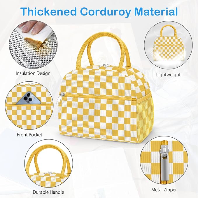 DALINDA Corduroy Lunch Box for Women,Insulated Lunch Bag Cute Cooler Tote Bag,Reusable 11L Large Capacity for Work Camping Picnic