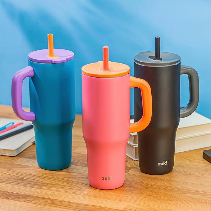 Zak Designs Sutton Travel Tumbler for On the Go, 40oz Stainless Steel with Vacuum Insulation, Silicone Straw, and Carry Handle for Cold Drinks (So Sweet Pink)