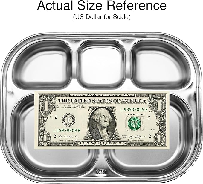 Korean Stainless Steel Divided Plates for Toddlers, Kids, Babies, Premium 304, Electro-Polished, No Black Residue, BPA-Free, 5-Compartment Food Tray, Camping, Picky Eaters, Set of 2