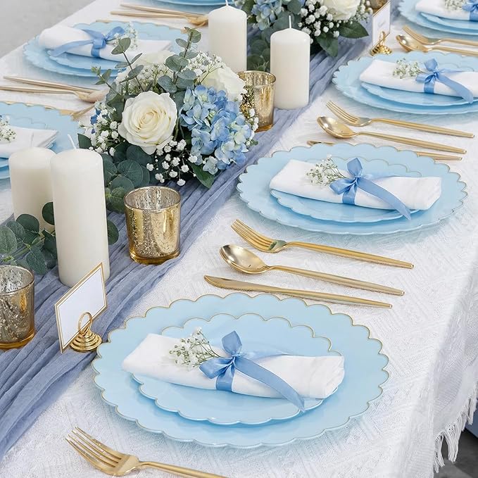 LIYH 120 Pcs Baby Blue Plastic Plates with Gold Edge - Disposable Light Blue Scalloped Baby Shower Plastic Plates Includes 60 Dinner Plate 10.25" & 60 Dessert Plate 7.5" for Party Birthday Easter