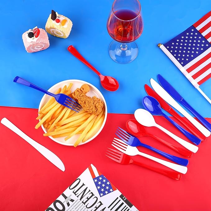 Kochorie 300 Pieces 4th of July Plastic Silverware, Heavy Duty Independence Day Cutlery Set, Disposable Plastic Utensils Includes Spoons Forks Knifes for Memorial Day Veterans Day, Red Blue White