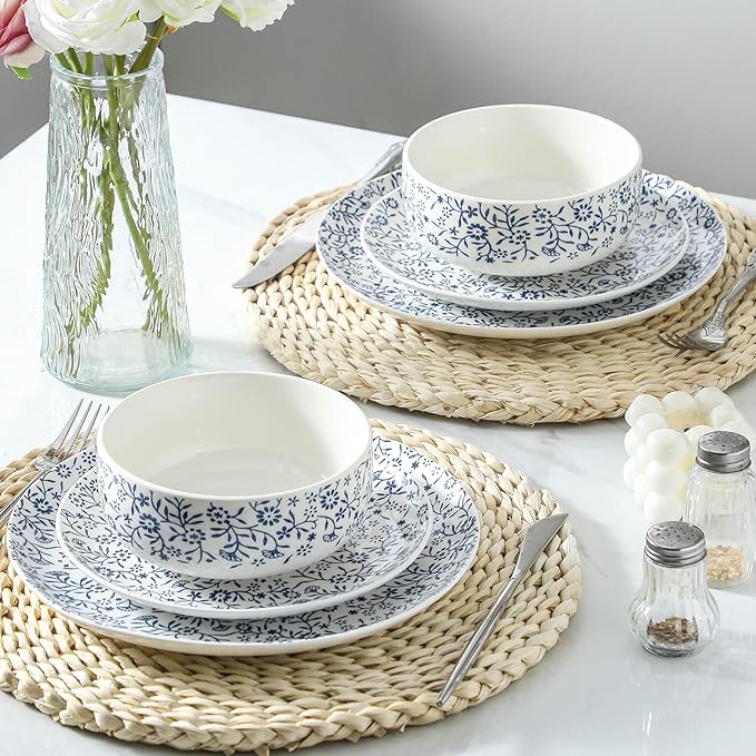 Cereal Bowls Set of 4, Large Soup Bowls 22oz, Blue and White Ceramic Serving Bowl for Oatmeal Salad Rice Pho Dinner, Microwave & Dishwasher Safe Bowl, Japanese Style