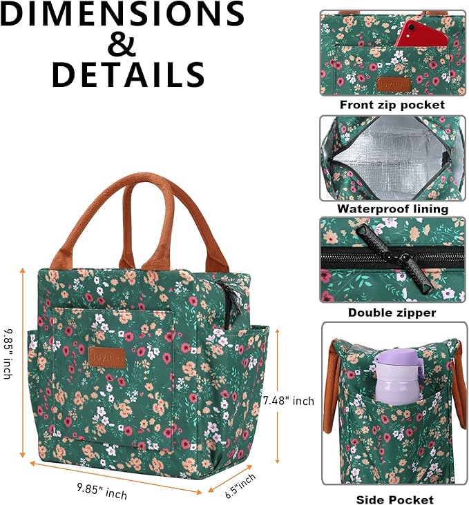 Joymee Lunch Bag Women Insulated Lunch Box Reusable Leakproof Large Spacious Cooler Tote for Women Men Adult with Bottle Holder and Side Pockets for Work Office Travel Picnic -Green Floral