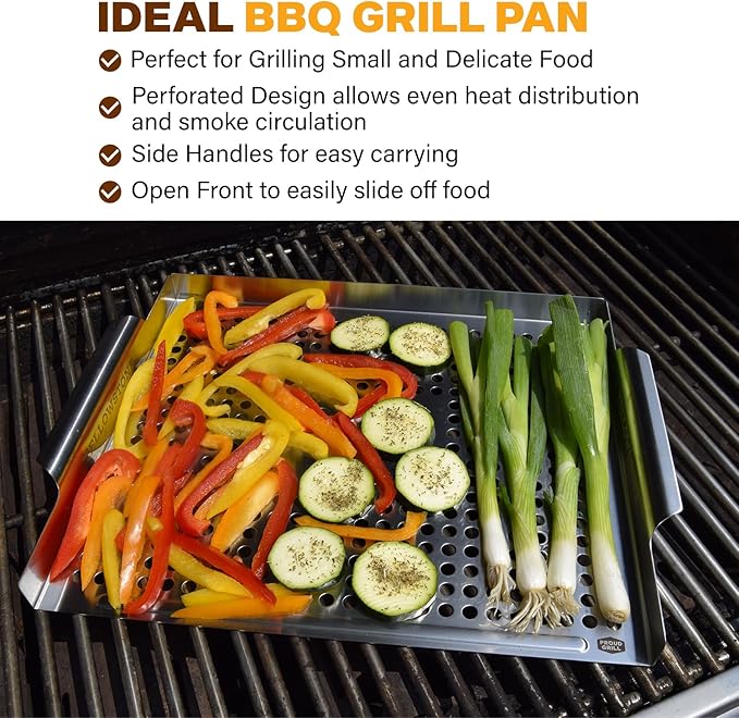 Proud Grill Company Yellowstone BBQ Grill Pan - Stainless Steel Topper, Grilling Tray for Veggies, Seafood & Meat, Outdoor Cooking Pan, Smoker Tray Gifts for Men, Heavy Duty BBQ Accessories - Silver