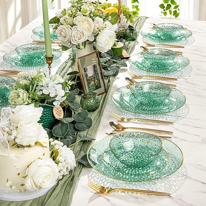 I00000 50 Pack 12 Ounce Clear Green Plastic Bowls Serving Bowls Hammered with Gold Rimmed, Heavy Duty Disposable Bowl Set,Small Bowls for Party Picnic