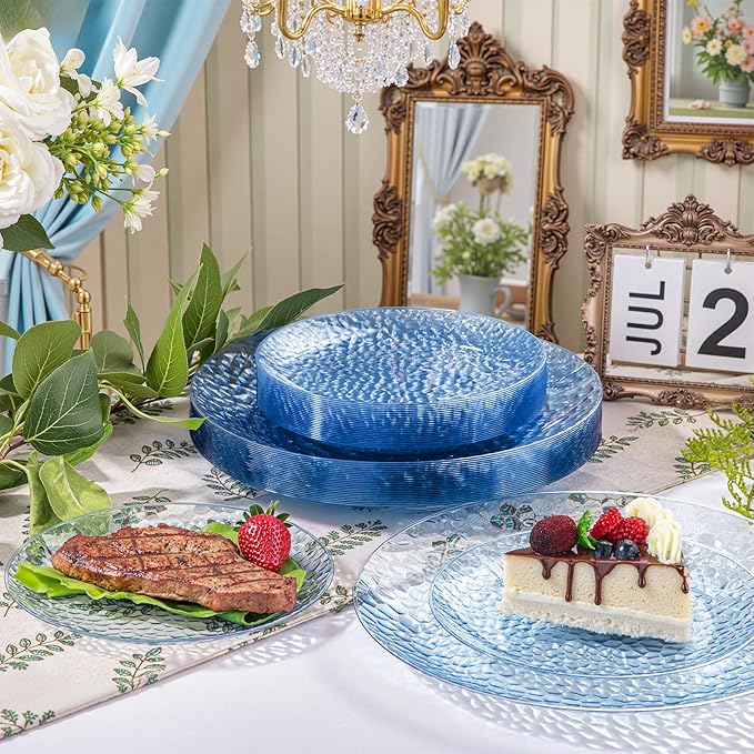 Rubtlamp 60Pcs Easter Plastic Blue Plates, Heavy Duty Disposable Plates, Blue Hammered Party Plate Include 30 Dinner Plate, 30 Dessert Platos, Fancy Disposable Platos For Spring