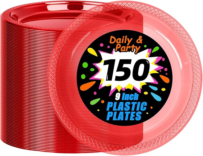 WELLIFE Neon Red Party Plates 9 Inch -150 Count, Translucent Red Plastic Disposable Dinner Plates for Fluorescent Neon Theme Party Dessert Cake Salad Appetizers Valentine's Day Easter Mother's Day