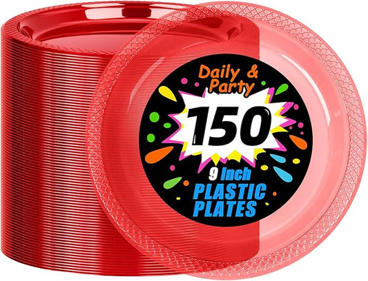 WELLIFE Neon Red Party Plates 9 Inch -150 Count, Translucent Red Plastic Disposable Dinner Plates for Fluorescent Neon Theme Party Dessert Cake Salad Appetizers Valentine's Day Easter Mother's Day