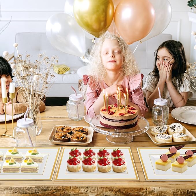 Mwellewm 12 Pcs White Plastic Serving Trays with Gold Rim, 14''x9'' Rectangle Dessert Trays for Dessert Table, Disposable Platters Cookie Cupcake Gold Serving Tray for Birthday Party Wedding