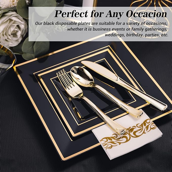 N9R 60 Pack Black Square Plastic Plates with Gold Rim Include 30 Disposable Dinner Plates 9.5 Inch and 30 Dessert Plate 6.5 Inch, Fancy Plate for Party, Wedding, Halloween and Daily Use