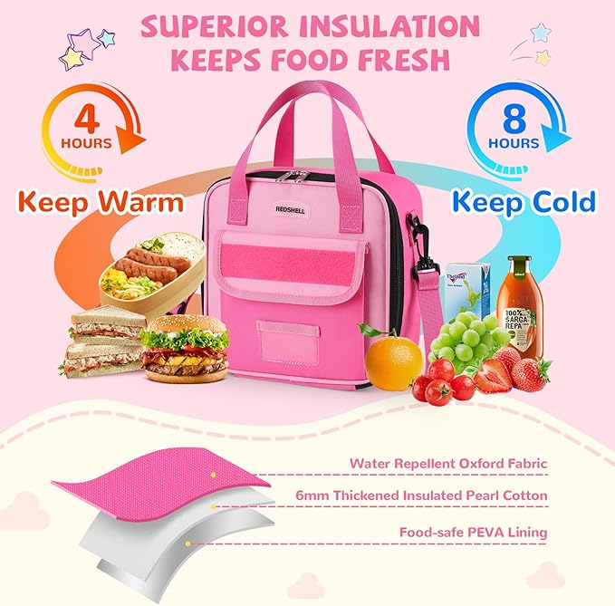 REDSHELL Tactical Lunch Box Kids, Large Insulated Lunch Bag for Girls, Cooler Lunchbag, Toddler Square Lunchbox, School Daycare Lunch Tote Pail with Water Bottle Holder Shoulder Strap, Rose Red