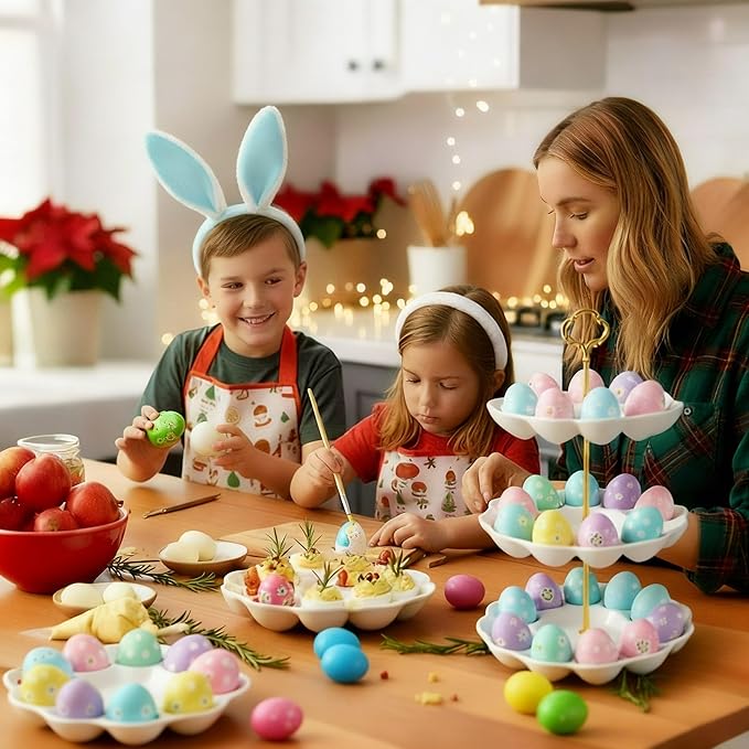 3 Tier Ceramic Easter Deviled Egg Platter 36 Hole Deviled Egg Tray Container, Detachable Eggs Holder Tower for Easter Party Food Container for Kitchen Countertop Microwave Dishwasher Freezer