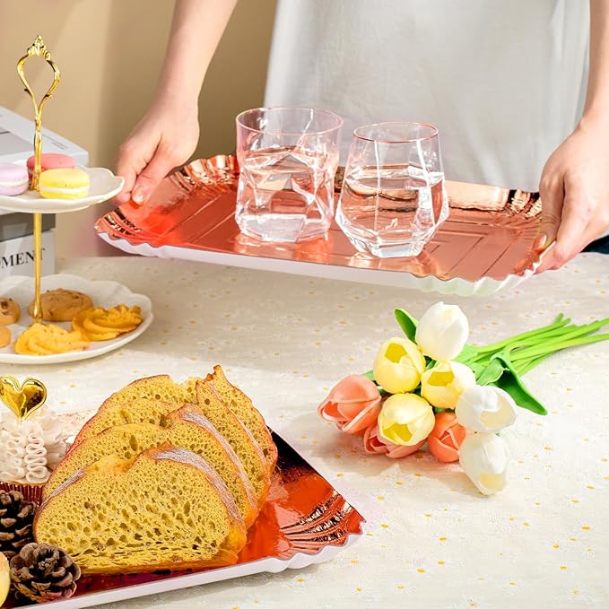 10 PCS Rose Gold Rectangle Trays, Heavy Duty Disposable Paper Cardboard for Platters, for Elegant Dessert Table Serving Parties, Cupcake Display, Birthday Party, Christmas, Valentines Day Weddings