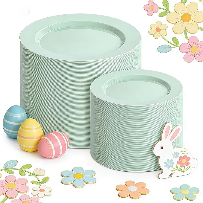 FLOWERCAT 200PCS Sage Green Plastic Plates Disposable Plates for Party - Elegant Plastic Plates - 10" &7" Plate for 100 Guests Spring Parties and Easter & Events