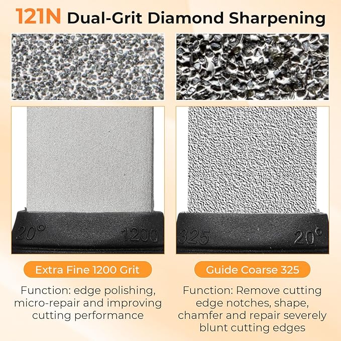 Frienda Diamond Sharpening 121n Dual-grit Knife Sharpener Stone Tool Lawn Mower Blade Sharpener File Garden Tool 325/1200 Grit Handheld Double with Angle Guide for Kitchen Axe Machete Chisel Drill