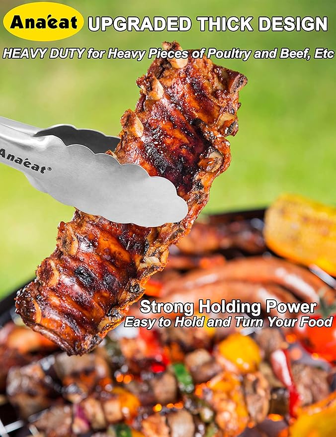 Anaeat Premium Stainless Steel Kitchen Tong, 9" Sturdy Coiled Spring Locking Food Tong with Non-Slip Silicone Grip for Cooking, Baking, Grilling, BBQ - Heat Resistant up to 480°F (Black)